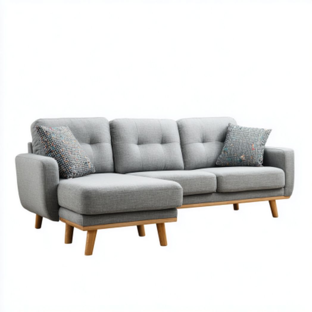 Sofa z tkaniny w szarym kolorze, idealna do salonu, z heblowanymi nogami z drewna - 200 x 90 x 85